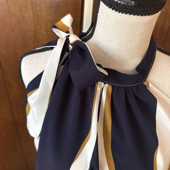 Polyester Blue/Tan/Cream Striped Bow Tie Shoulder Blouse XXL - Picture 3 of 7